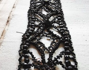 1900s French antique black jet beaded dress applique, victorian bodice millinery hat cloche flapper doll dress tassel costume design flapper