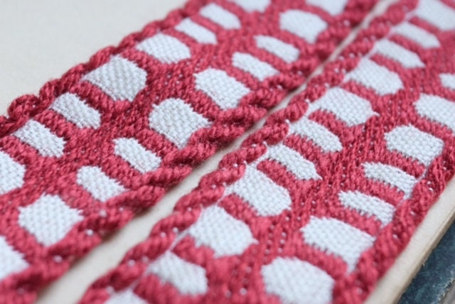 Antique 1960s woven French jacquard ribbon trim in shades of red & white rustic motif for vintage lovers, craft couture Antique 1960s woven French jacquard jacquard French ribbon trim in shades of red & white rustic motif for vintage lovers, craft couture cf24b5