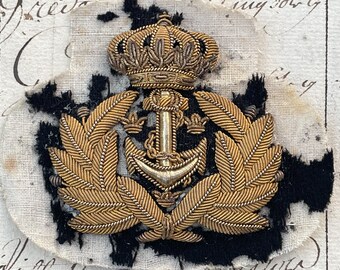 Antique 1800s embroidered real gold crown & anchor cannetille military patch application, millinery, jewellery supplies, costume design