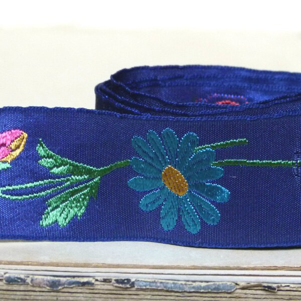 Beautiful antique silk French jacquard ribbon trim, vibrant electric blue w/ pink & blue floral motif, christmas wrapping decor