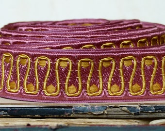 French vintage jacquard soutache ribbon trim, pink gold, yellow raised woven motif, sewing, upholstery, costume, home decor
