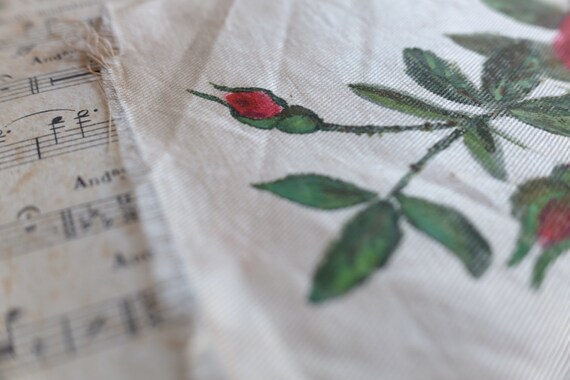 collector fabric luxury Antique 19th century french jacquard silk ribbon w hand painted red rose floral motif decor