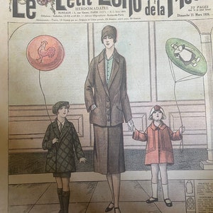 May include: Vintage French fashion magazine cover, "Le Petit Echo de la Mode," featuring illustrations of a woman and two children in stylish clothing. The cover includes text and illustrations of balloons and fashion sketches.