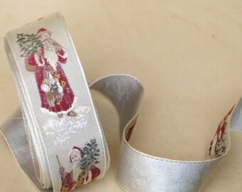 Vintage haute couture French jacquard ribbon, Father Christmas, Santa Claus, Pere Noel: decoration, stocking, craft, wrapping, tree
