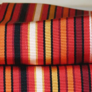 Antique French jacquard grosgrain millinery ribbon trim, embroidery edging, stripe black, red, orange & white costume design