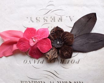 Early 1900 Anemone chocolate brown pink silk velvet millinery bouquet boutonniere handmade silk velvet leaf bouquet, costume design vintage