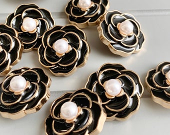 Camellia  flower Chic Paris french style high grade resin and metal buttons black and cream runway catwalk buttons DIY  23mm  x  9 buttons
