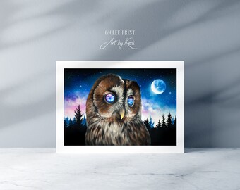 Owl with Night Sky limited edition GICLÉE PRINT - Art by Kerli