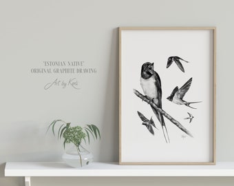 Barn Swallow pencil drawing ORIGINAL - Art by Kerli