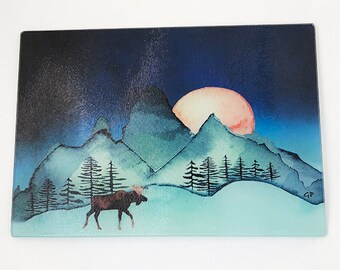 cheese server Moon over the Mountains Moose Textured Glass Cutting Board Rocky Mountain Moose Trivet Mountain Home Decor
