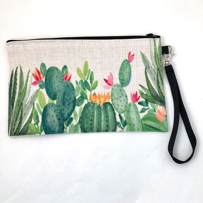 Money and Cell Phone Bag Makeup Bag Cactus Garden linen wristlet bag zippered pouch
