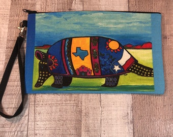 Mr. Dillo linen wristlet bag,  colorful armadillo folk art zippered pouch, Makeup Bag , Money and Cell Phone Bag