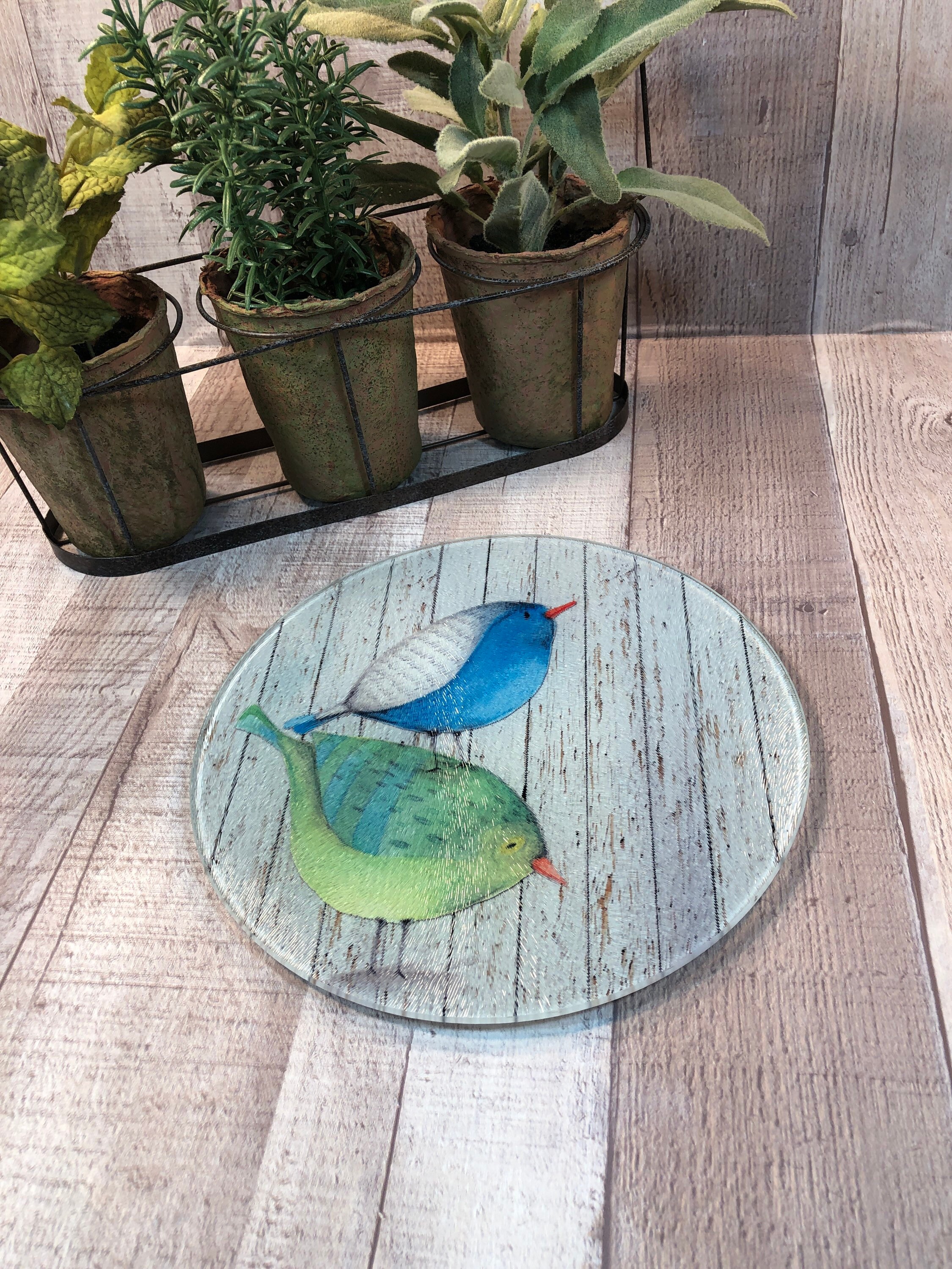 Birds Round TrivetGlass Cutting Board Cheese Trivet Blue Etsy