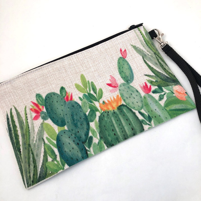 Money and Cell Phone Bag Makeup Bag Cactus Garden linen wristlet bag zippered pouch