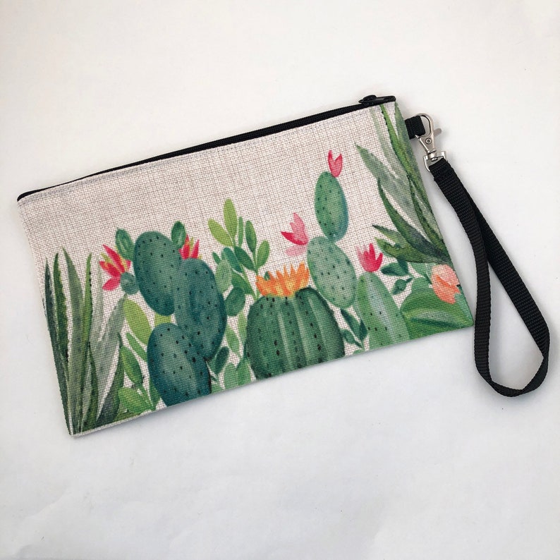 Money and Cell Phone Bag Makeup Bag Cactus Garden linen wristlet bag zippered pouch
