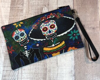 Day of the Dead folk art couple linen bag with wristlet strap,  zippered pouch, Southwest style