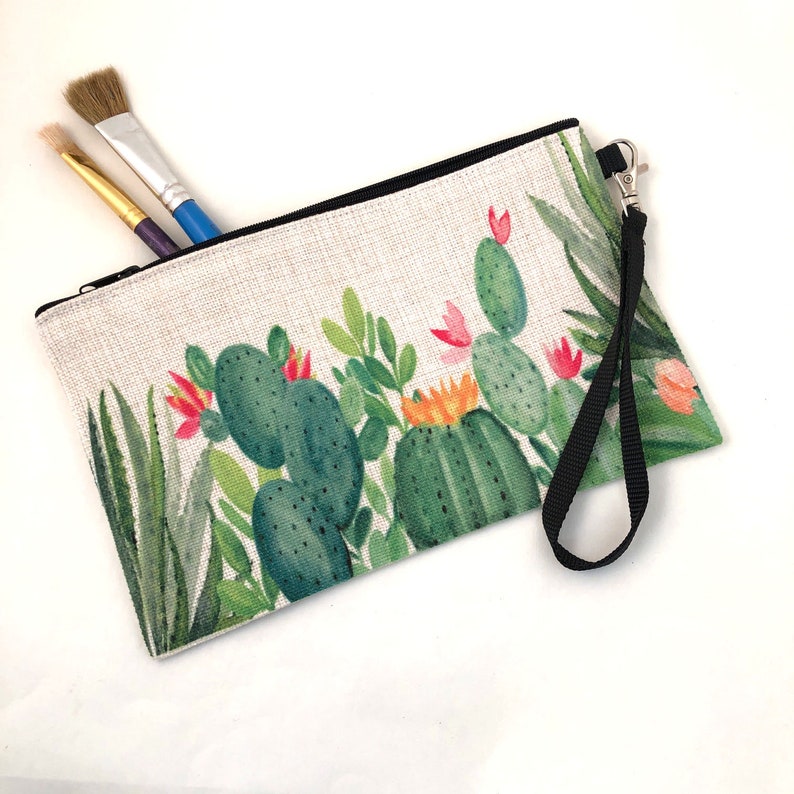 Money and Cell Phone Bag Makeup Bag Cactus Garden linen wristlet bag zippered pouch