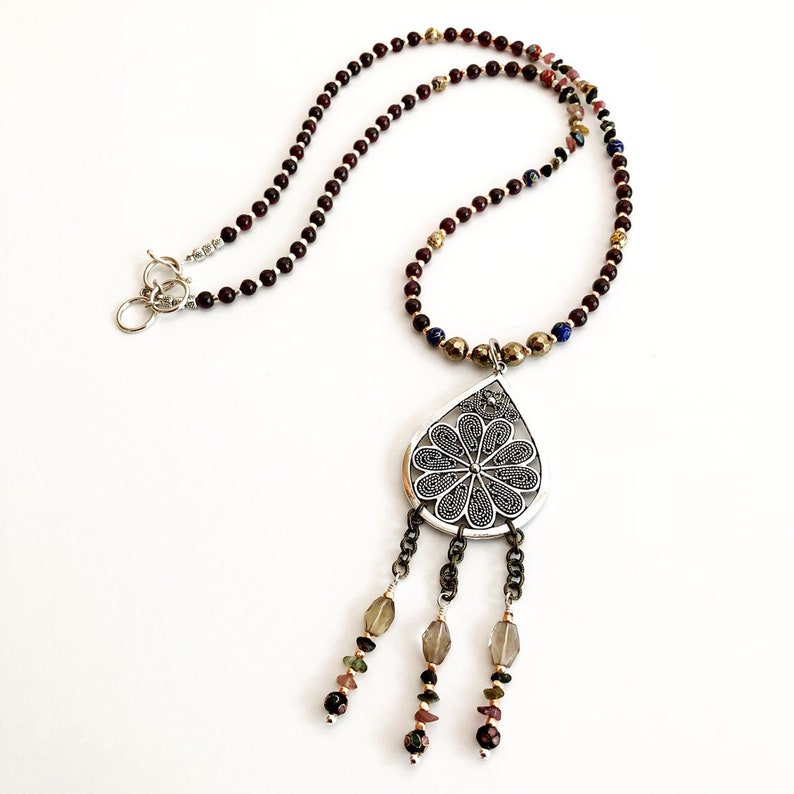 Artisan Pendant Necklace Garnet Gemstones Watermelon Tourmaline Gemstones