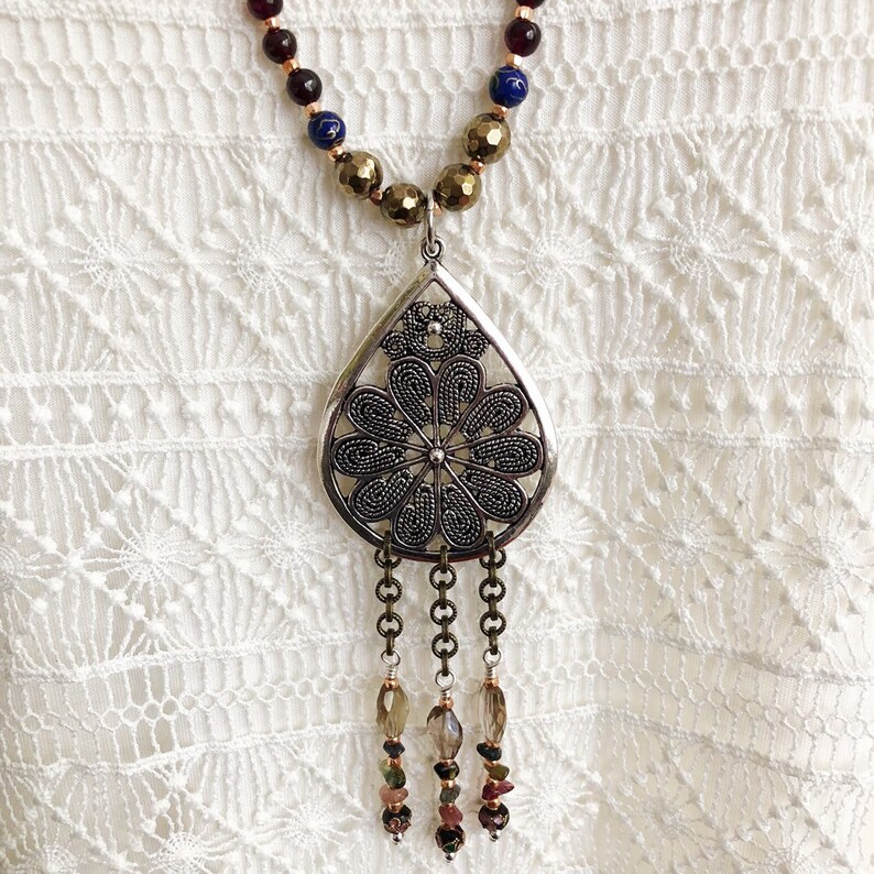 Artisan Pendant Necklace Garnet Gemstones Watermelon Tourmaline Gemstones