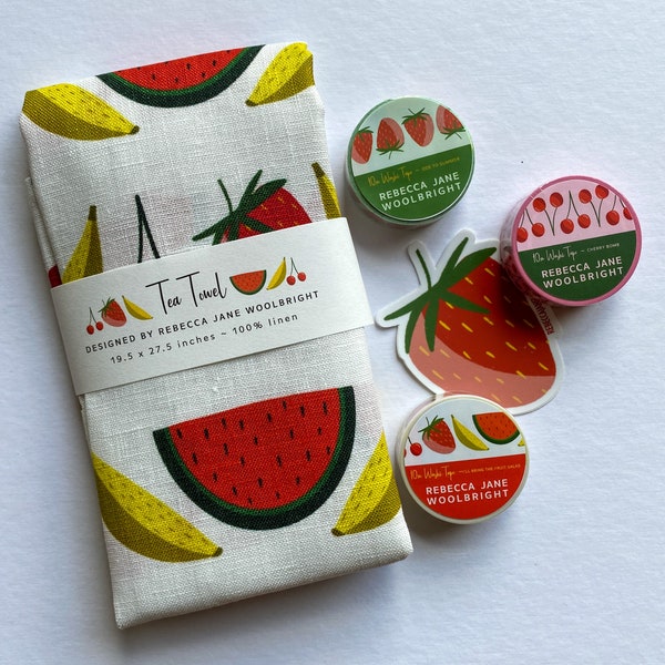 Fruit Tea Towel | Fruit Washi Tape | Sticker | Linen Tea Towel | Housewarming Gift | Kitchen Towel | Decorative Towel | Kitchen Hand Towel
