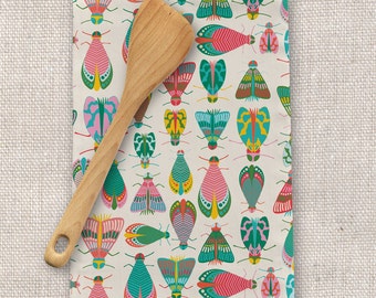 Paño de cocina de lino Spring Glow: diseño de insectos dibujados a mano
