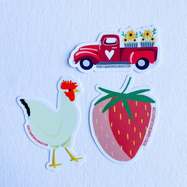 Sticker Bundle | Strawberry Vinyl Sticker | Chicken Vinyl Sticker | Farm Truck Vinyl Sticker | Red Truck | Waterproof Sticker | Bundle