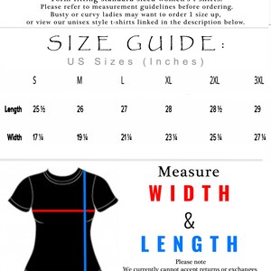 May include: Size chart for women's t-shirts with measurements in inches. The chart shows the length and width of the shirts in different sizes, from small to 3XL. The chart also includes a diagram of a t-shirt with the measurements labeled.