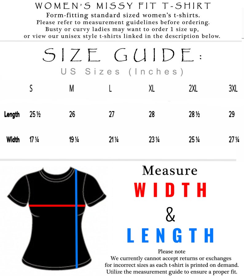 May include: Size chart for women's t-shirts with measurements in inches. The chart shows the length and width of the shirts in different sizes, from small to 3XL. The chart also includes a diagram of a t-shirt with the measurements labeled.