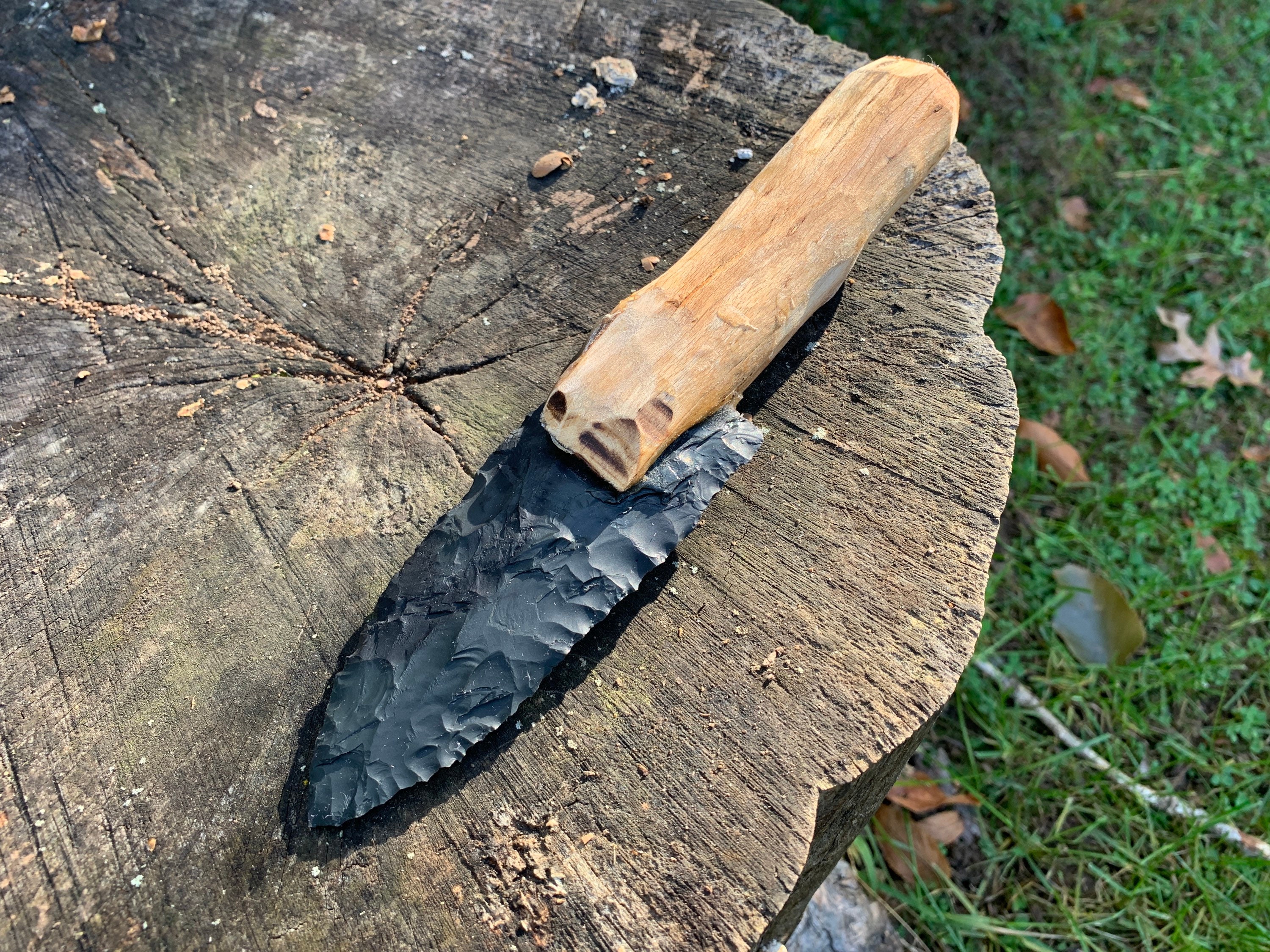 Flint Chert Stone Knife Blade on a Wooden Oak Handle. Traditional