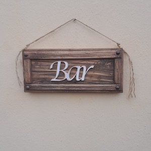 The Bar Wooden Sign | Driftwood Style | Hanging Rope | Reclaimed Wood | Rustic Home Quote | Handmade Plaque | Boho Decor UK