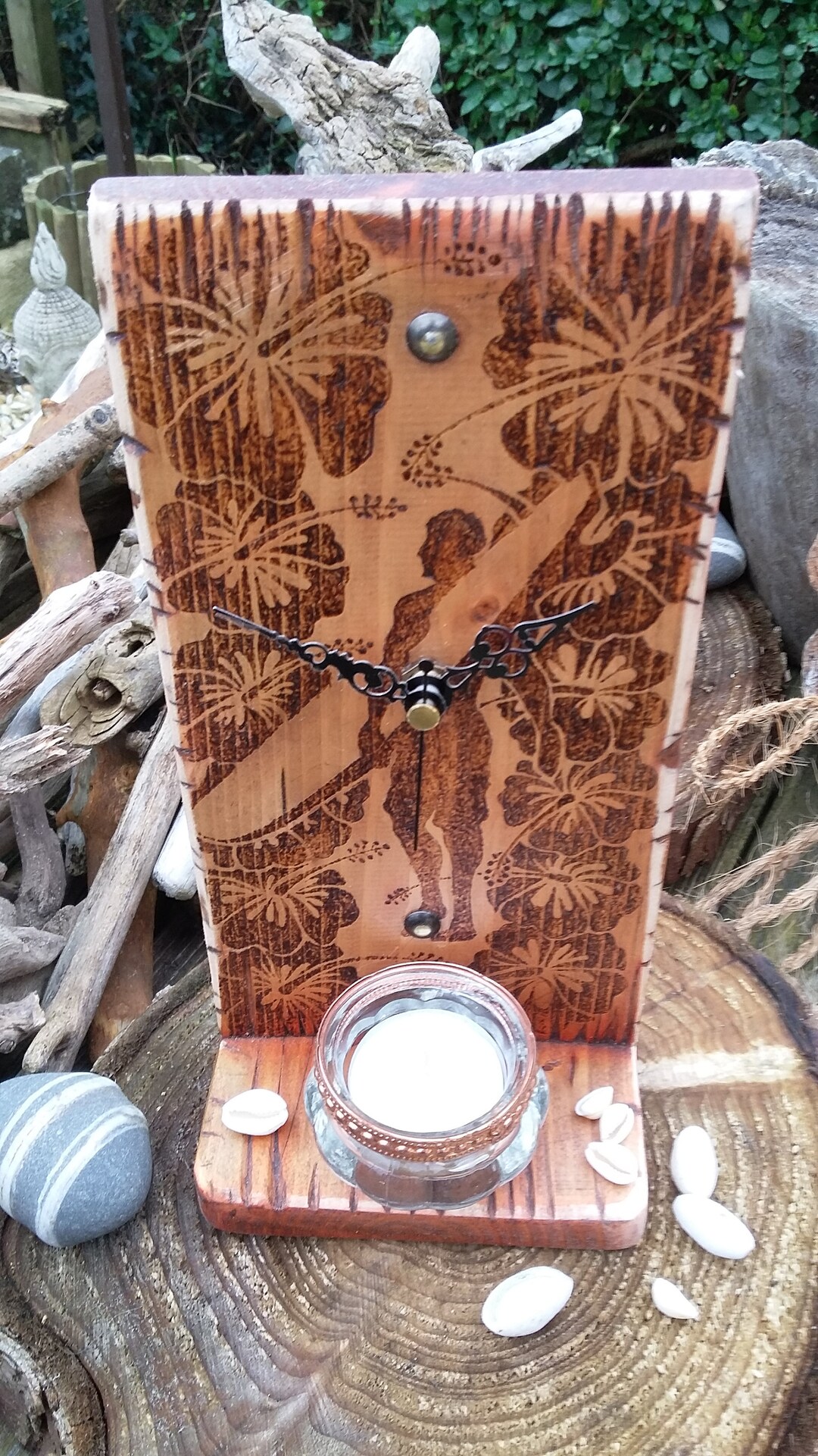 Surfer Guy Pyrography Clock | Reclaimed Wood | Desk or Wall | Tea Light ...