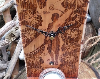 Surfer Man Guy Pyrography Hand Crafted Clock Desk Wall Candle Holder Beach