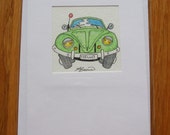 Hand Painted Water Colour Card VW Beetle Fun Dub Card Volkswagen "Hello" on Number Plate Blank Birthday Any Occasion