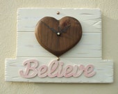 Wall Clock Valentine Hand Crafted Reclaimed Wood Shabby Chic "Believe" Wooden Love Heart Driftwood Beach Ocean