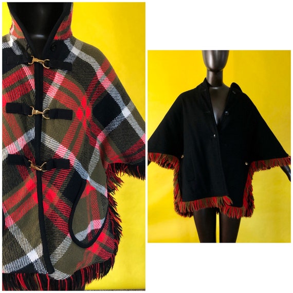 1970s Vintage Plaid Fringe Reversible Cape