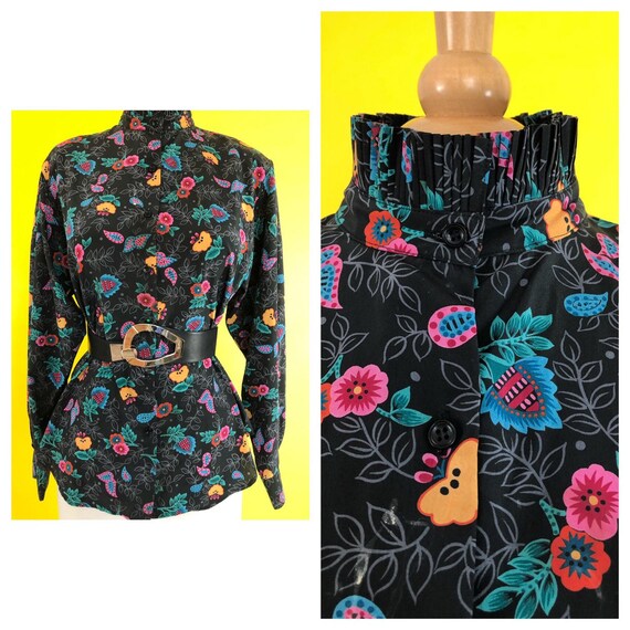 80s 90s Vintage Floral Blouse Bold 1980s Top Black
