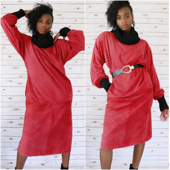 Suede Turtle Neck 80s Vintage Dress