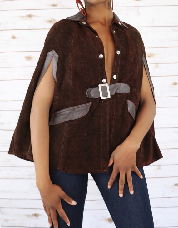 Suede and Leather Brown Vintage Cape 70s Cape Vint
