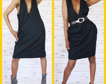 Vintage Wool Black V Cut Dress Versatile