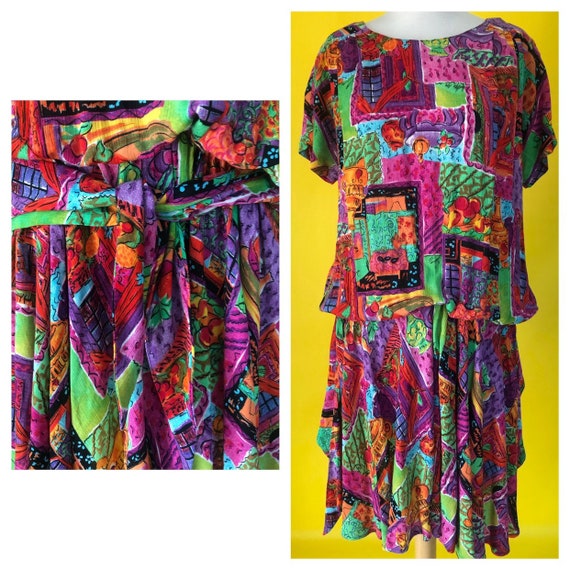 1980s Vintage Dress Drop Waist Sash Flapper Carole