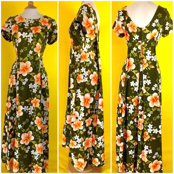 Vintage dress 1970s Green Hawaiian Flower Print D… - image 1