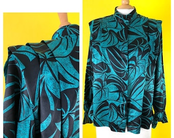 Vintage 80er Jahre Polyester Bluse TJW Mervyns Satin Shirt 80er Jahre Top Monstera Blatt Bluse