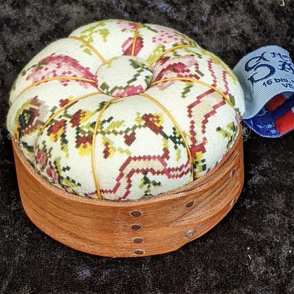 Handcrafted shaker pincushion base in cherry with Sajou fabric