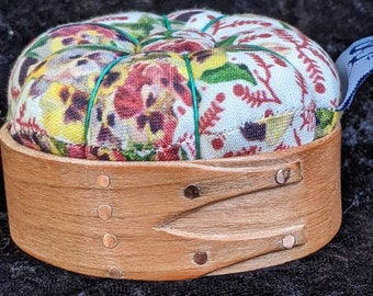 Handcrafted shaker pincushion base in cherry with Sajou fabric