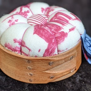 Handcrafted shaker pincushion base in cherry with Sajou fabric