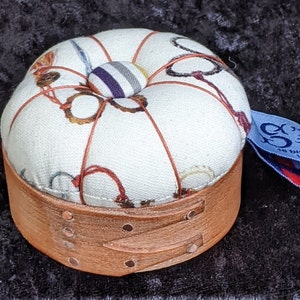 Handcrafted Shaker pincushion base in cherry with Sajou fabric