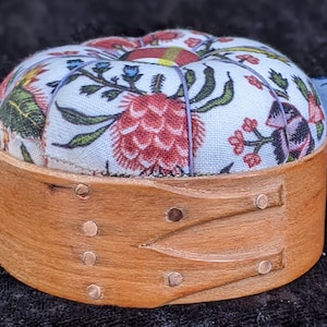 Handcrafted shaker pincushion base in cherry with Sajou fabric