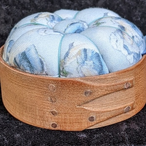 Handcrafted shaker pincushion base in cherry with Sajou fabric