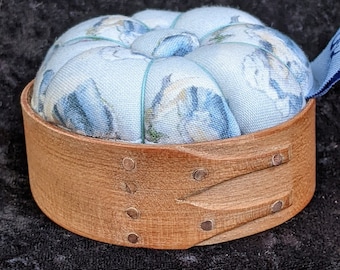 Handcrafted shaker pincushion base in cherry with Sajou fabric