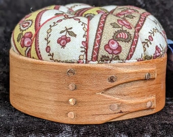 Handcrafted shaker pincushion base in cherry with Sajou fabric